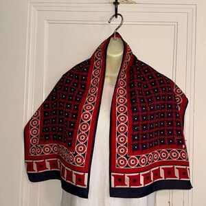 Vtg mid century red, white & blue polyester scarf/floral & geometric pattern
